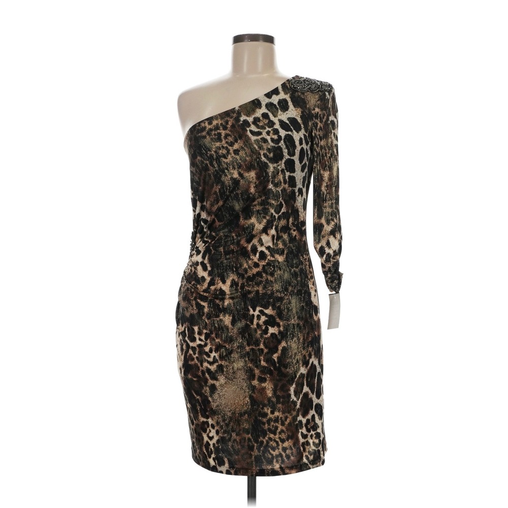 Cache One Shoulder Leopard Print Metallic Beaded Butterfly Dress Sz M Statement